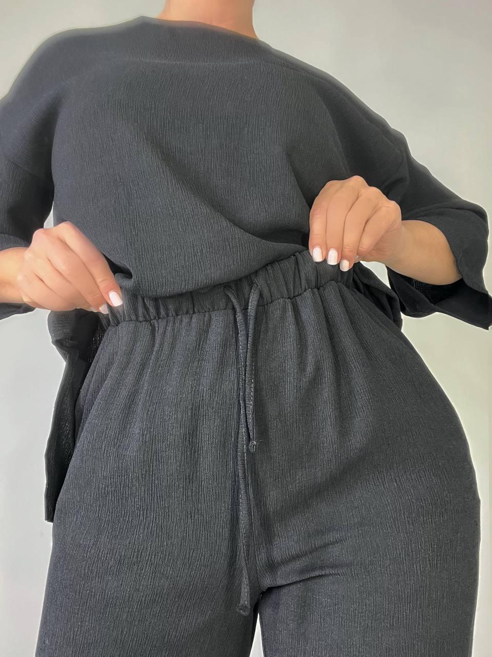 Костюм женский CLEW 1005-0712 жатка рубашка короткий рукав и брюки палаццо M Черный (2003) - фото 8