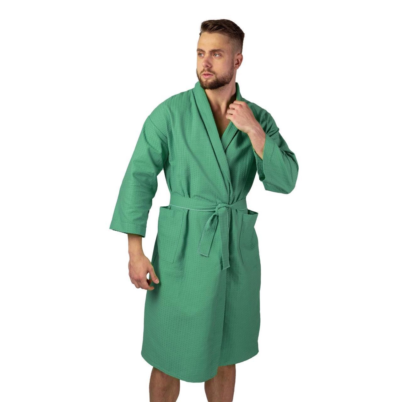 Чоловічий вафельний халат Luxyart Кімоно Men's Bathrobe 100% бавовна S Зелений (LS-1552)