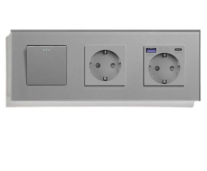 Выключатель перекрестный LUXION с розеткой USB A+C 20Вт с заземлением/защитными шторками стекло Серый