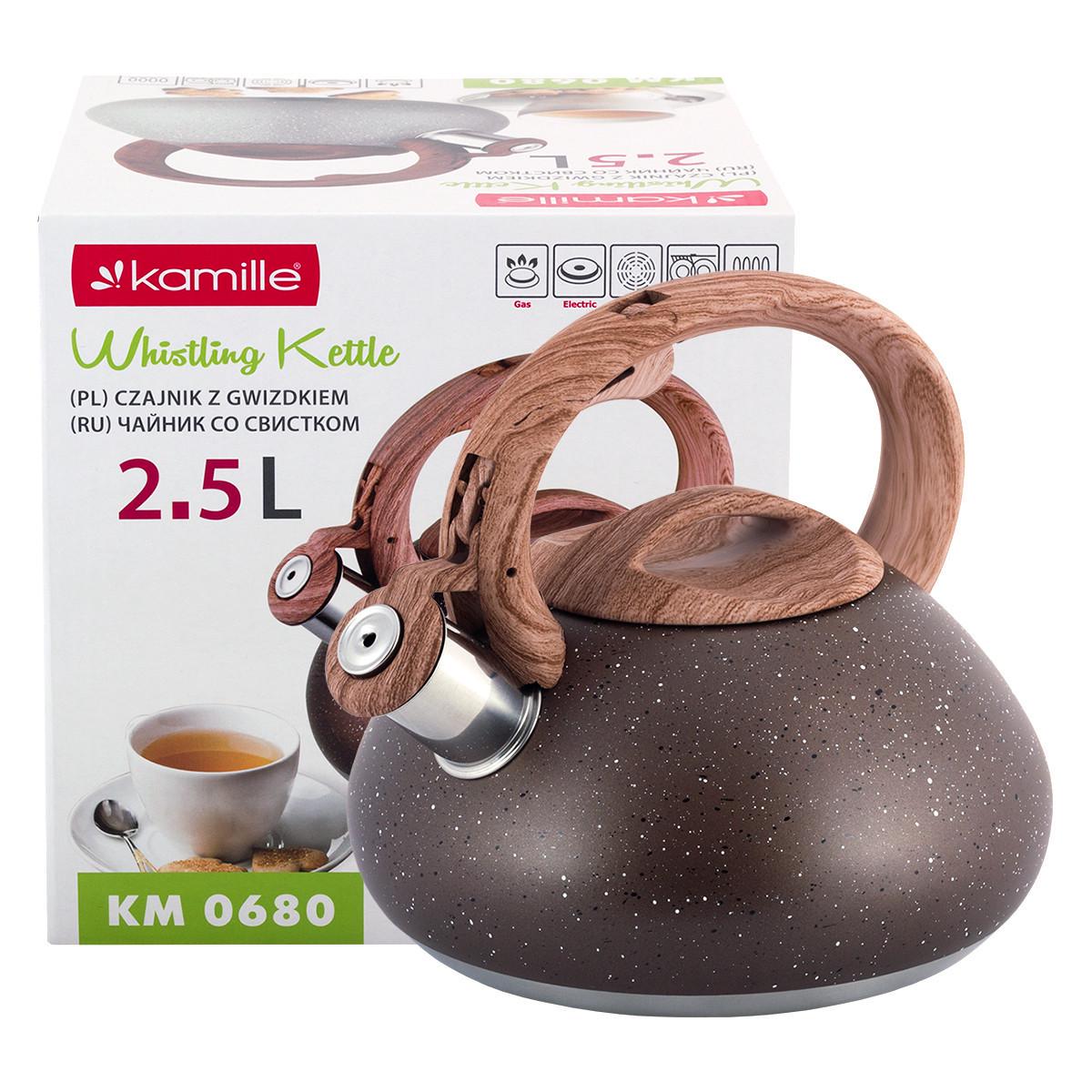 Чайник Kamille KM-0680 из нержавеющей стали со свистком и ручкой 2,5л Коричневый (1883389195)