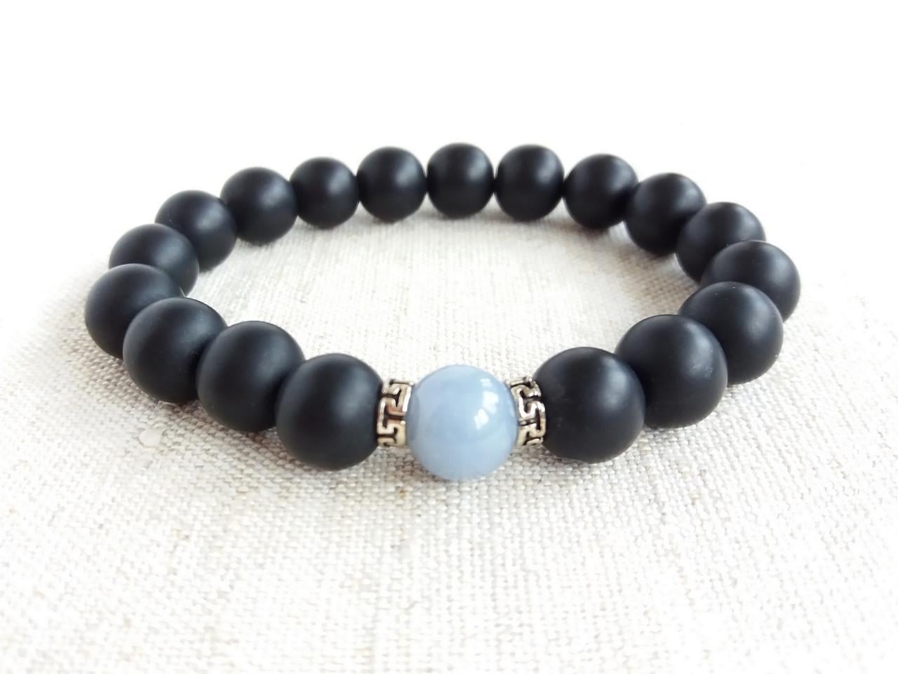 Браслет из натурального камня Черный оникс/Ангелит d 10 мм (1112534249)