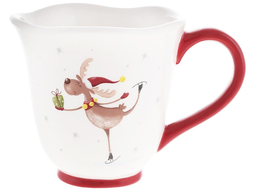 Кружка керамическая Олень на лыжах с красной ручкой 470 мл (BDI-834-348) - фото 1 Кружка керамическая Олень на лыжах с красной ручкой 470 мл (BDI-834-348) - фото 1