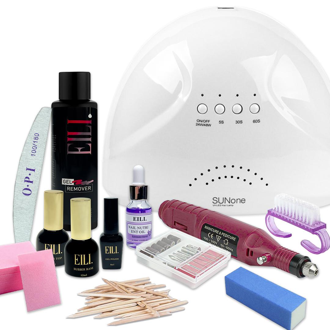 Стартовый набор для маникюра лампа Sun one/фрезер/мини база/топ/ремувер/гель лак EILI (NDML-1)