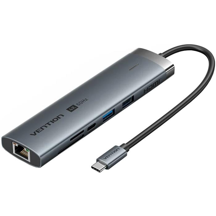 USB-хаб Vention USB3,2 Type-C to HDMI 60Hz/USB 3.0x2/RJ45/SD/TF/3,5 мм/PD 100W 9в1 Grey (TGVHB)