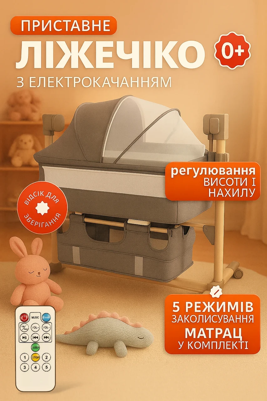 Кроватка Электрическая для новорожденных приставная Folem Bebio с матрасом/пультом/автоматическая - фото 2 Кроватка Электрическая для новорожденных приставная Folem Bebio с матрасом/пультом/автоматическая - фото 2