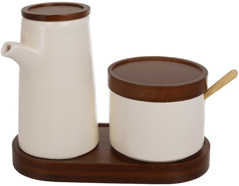 Набор для масла и соуса Natural Serving Cream фарфор 300/160 мл на деревянной подставке