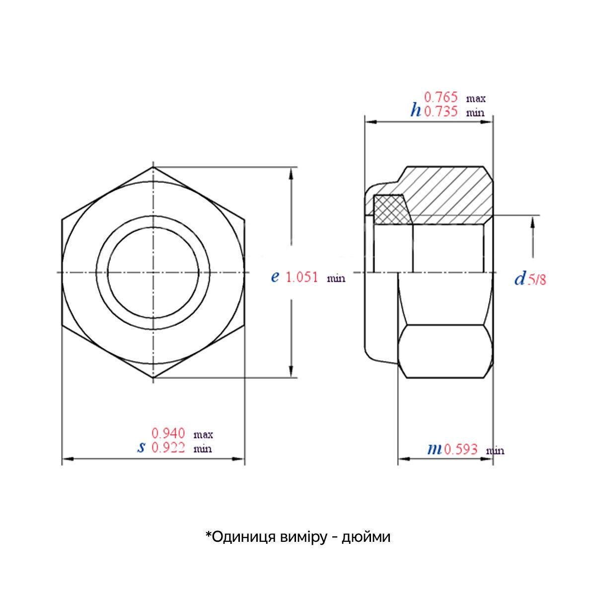Гайка дюймовая самостопорная Metalvis 5/8" ASME B18.16.6 сталь Gr5 шаг UNC под ключ 15/16" цинк белый 50 шт. (I6020I6P2015110520) - фото 2