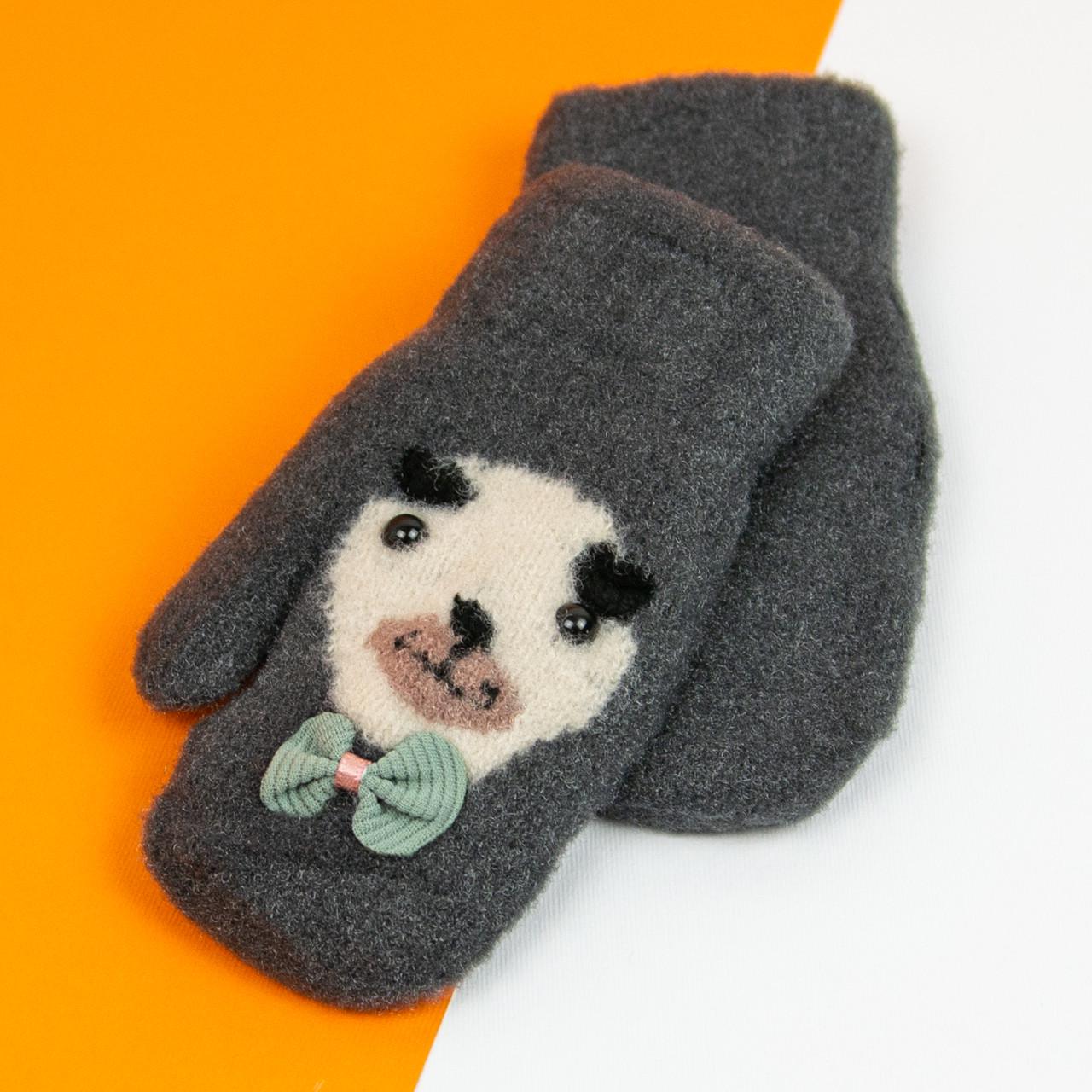 Детские варежки на 4 - 5 - 6 лет зимние на веревочке с медвежонком Темно-серый (21-7-9а)