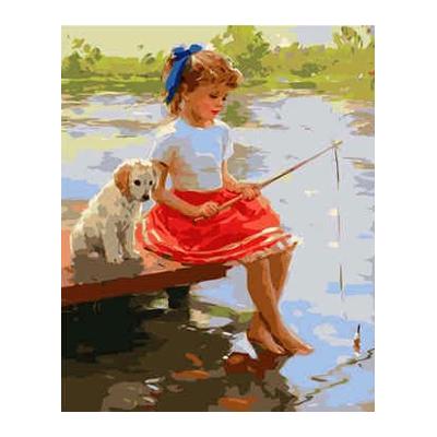 Набор для росписи по номерам Strateg Девочка и щенок на мостике 40х50 см (mt)