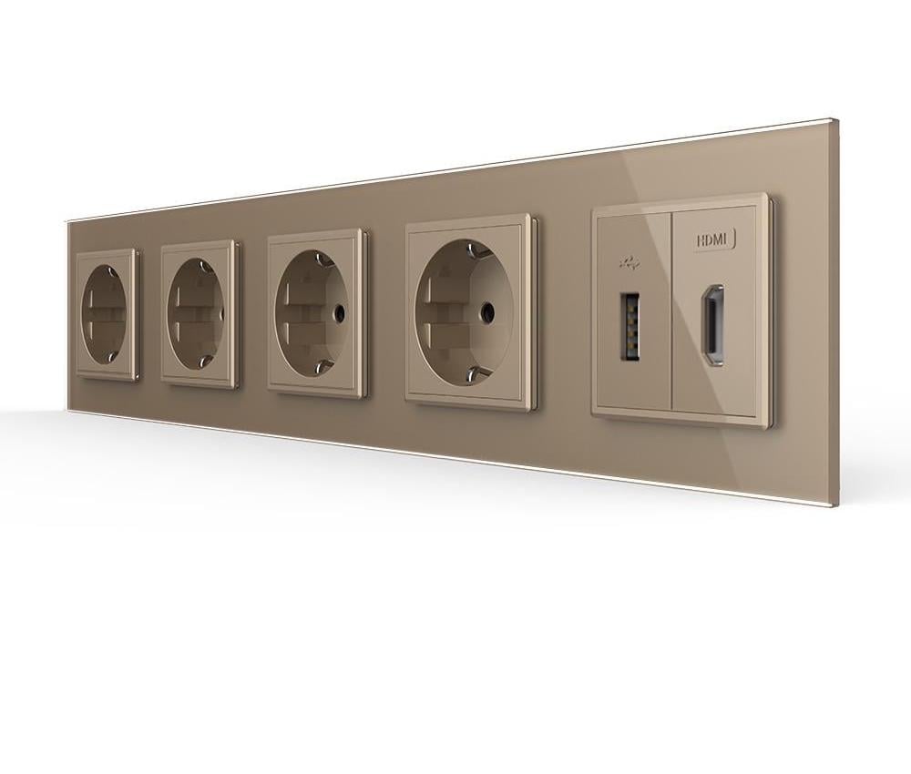 Розетка п’ятимісна LIVOLO з USB 10Вт інтернет портом RJ-45/HDMI настінна дизайнерська скляна рамка Золотий (VL-C7FCTC16A/FCUA/FCHD-10AP)