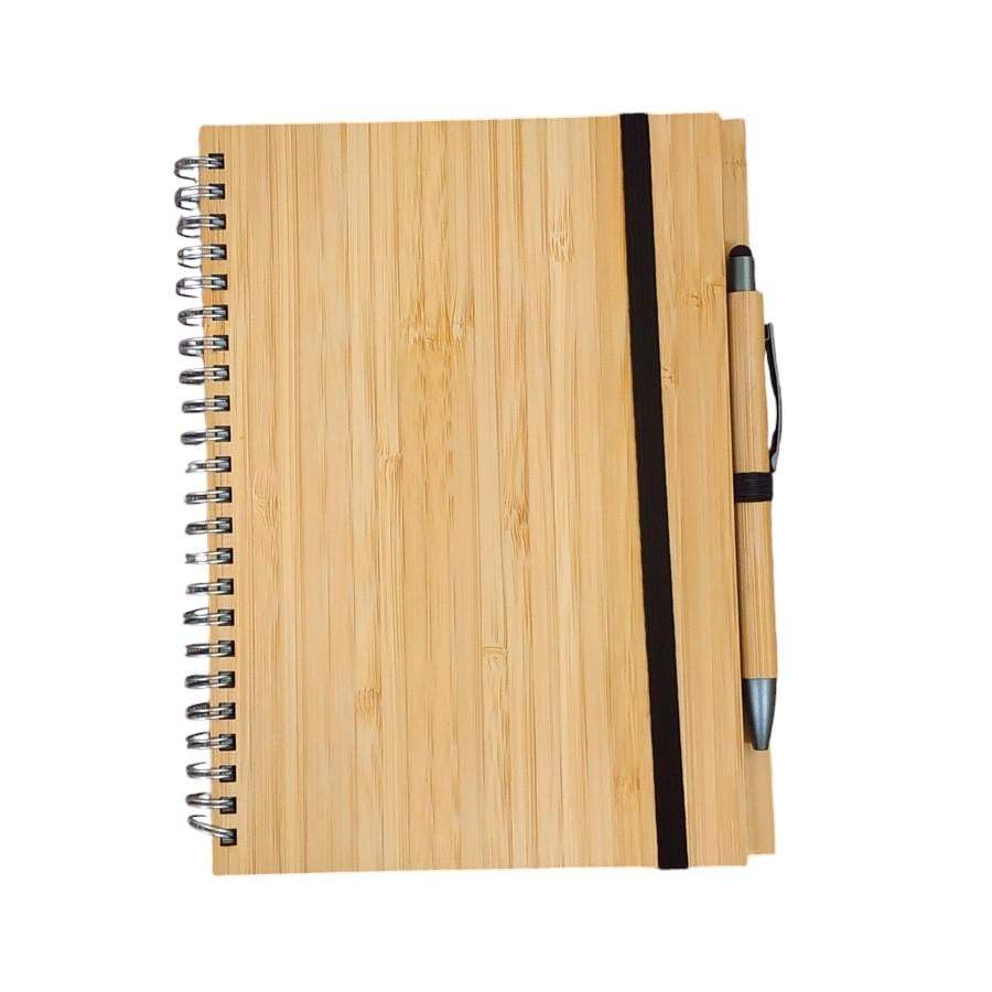 Блокнот с бамбуковой обложкой А5 на пружине с эластичной резинкой/бамбуковая ручка (7768)