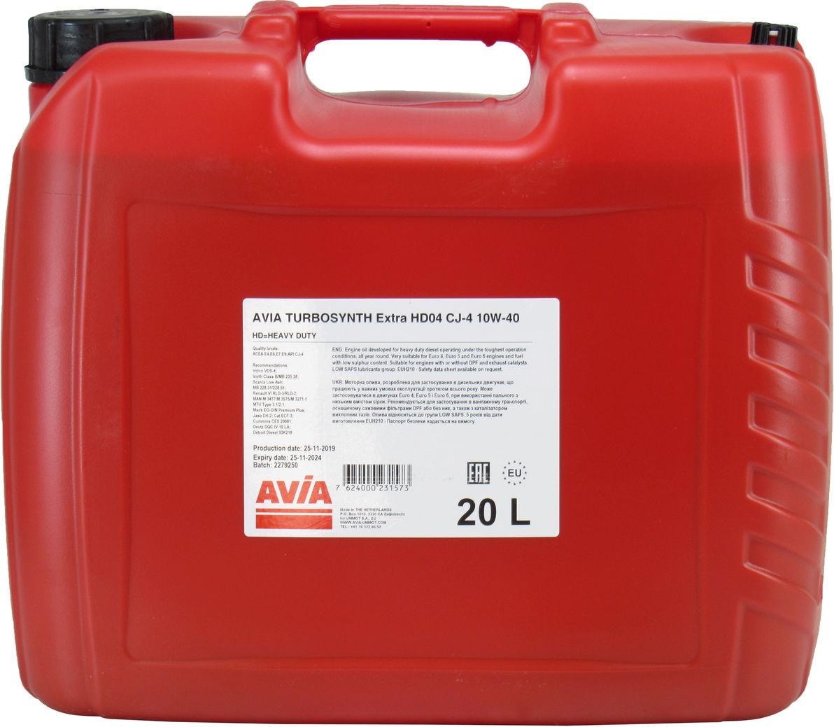 Моторное масло Avia Turbosynth Extra Hd04 дизель 10W-40 20 л (1400398)