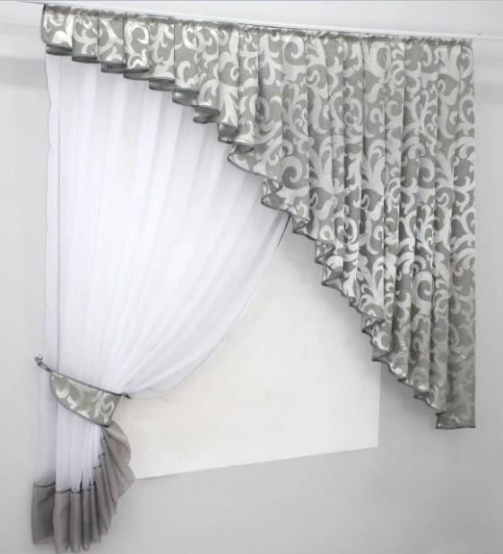 Комплект на кухню шторы/тюль шифон/жаккард 150х170 см Серый/Белый (039к) - фото 4 Комплект на кухню шторы/тюль шифон/жаккард 150х170 см Серый/Белый (039к) - фото 4