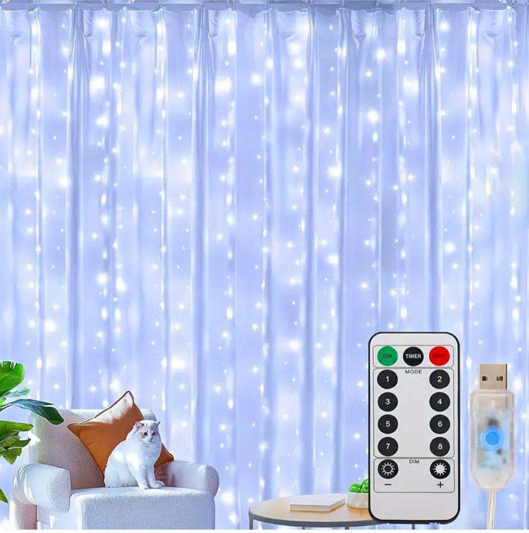 Гирлянда-штора светодиодная 300 LED 8 режимов USB-питание 3x3 м Белый холодный свет (Л-018)