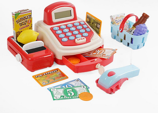 Детская игрушка кассовый апарат с подсветкой и продуктами в коробке (132034) Детская игрушка кассовый апарат с подсветкой и продуктами в коробке (132034)