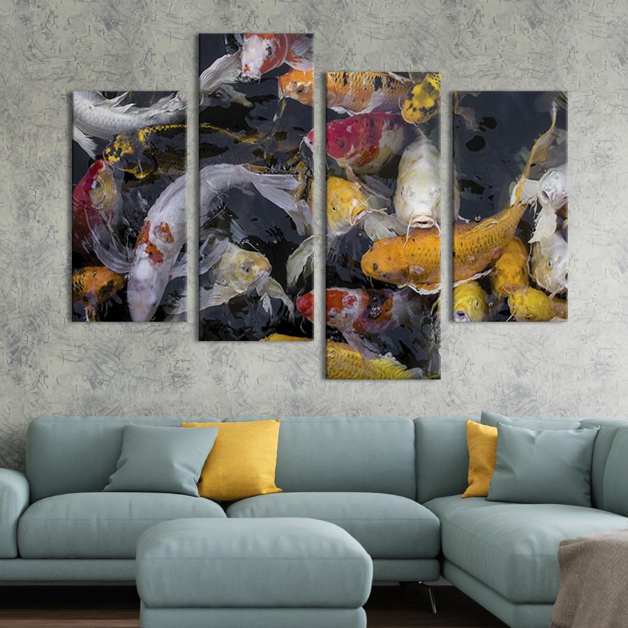 Модульная картина из четырех частей на холсте интерьерная картина Декоративные  японские карпы 129x90 см (168-42)