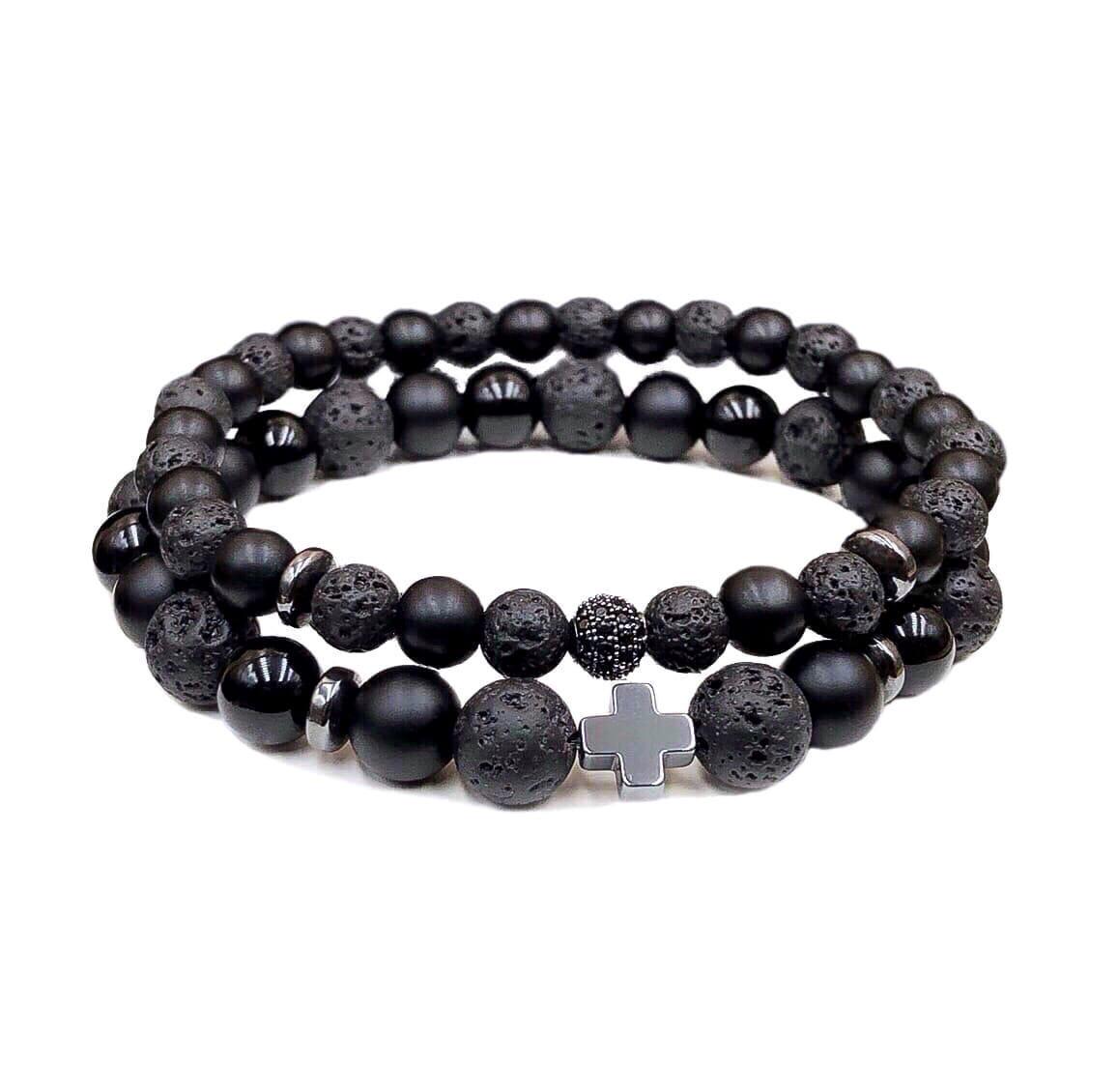 Комплект браслетів з лавового каменю та шунгіту з хрестиком р. 23 (17896634)