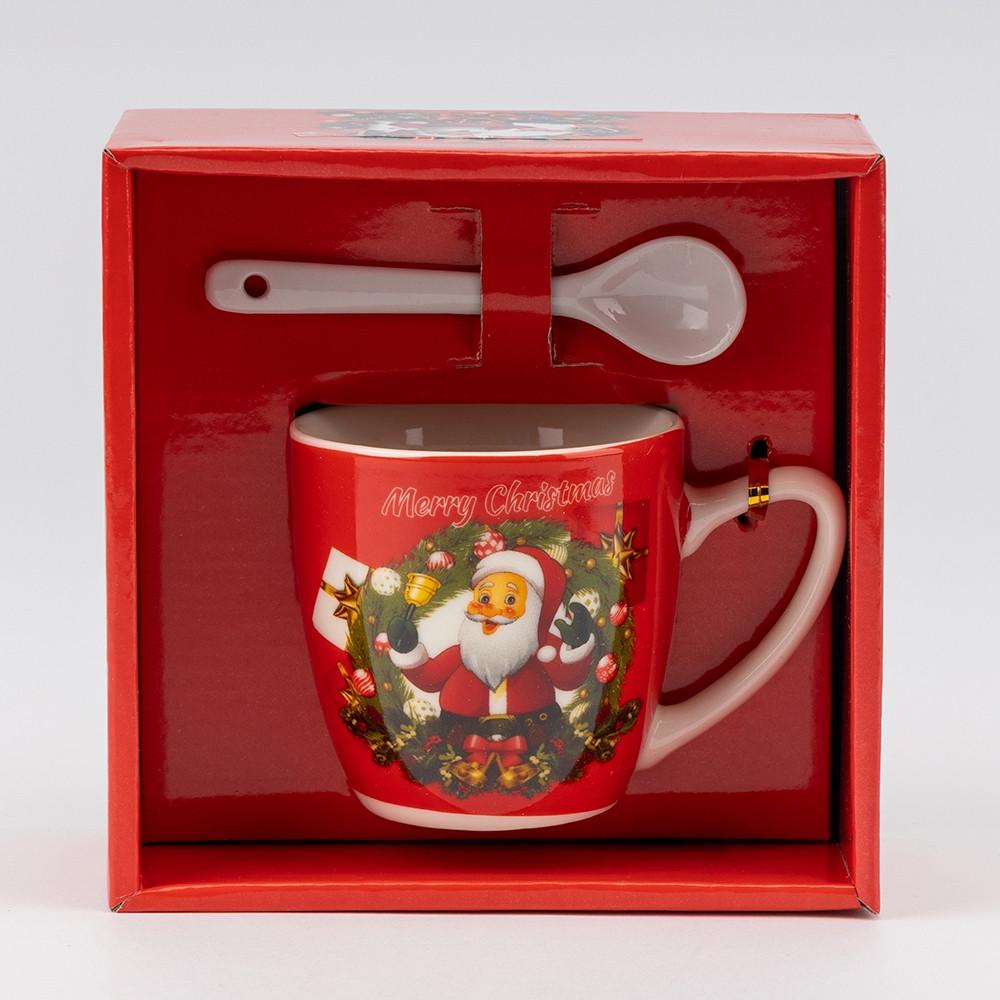 Чашка с ложкой новогодняя Санта 180 мл 7,5 см керамика (19250-026)
