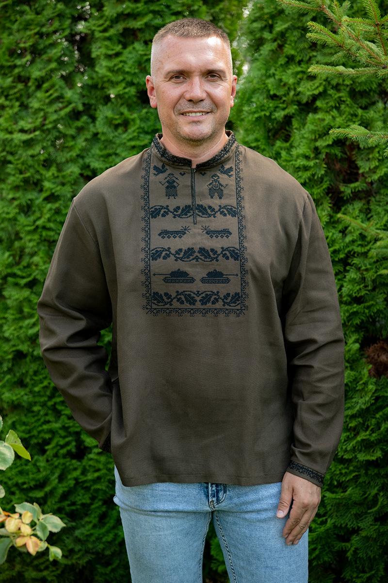 Вышиванка мужская из льна милитари с длинным рукавом XL (1930099015)