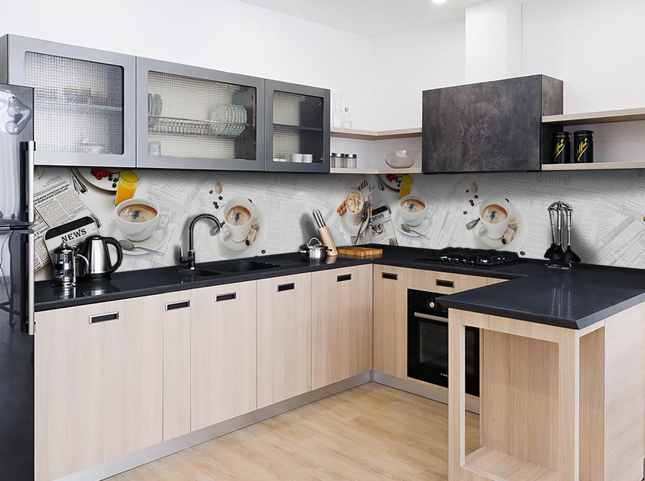 Кухонный фартук Утро кофе газеты из самоклеющейся виниловой пленки 60х300 см Серый