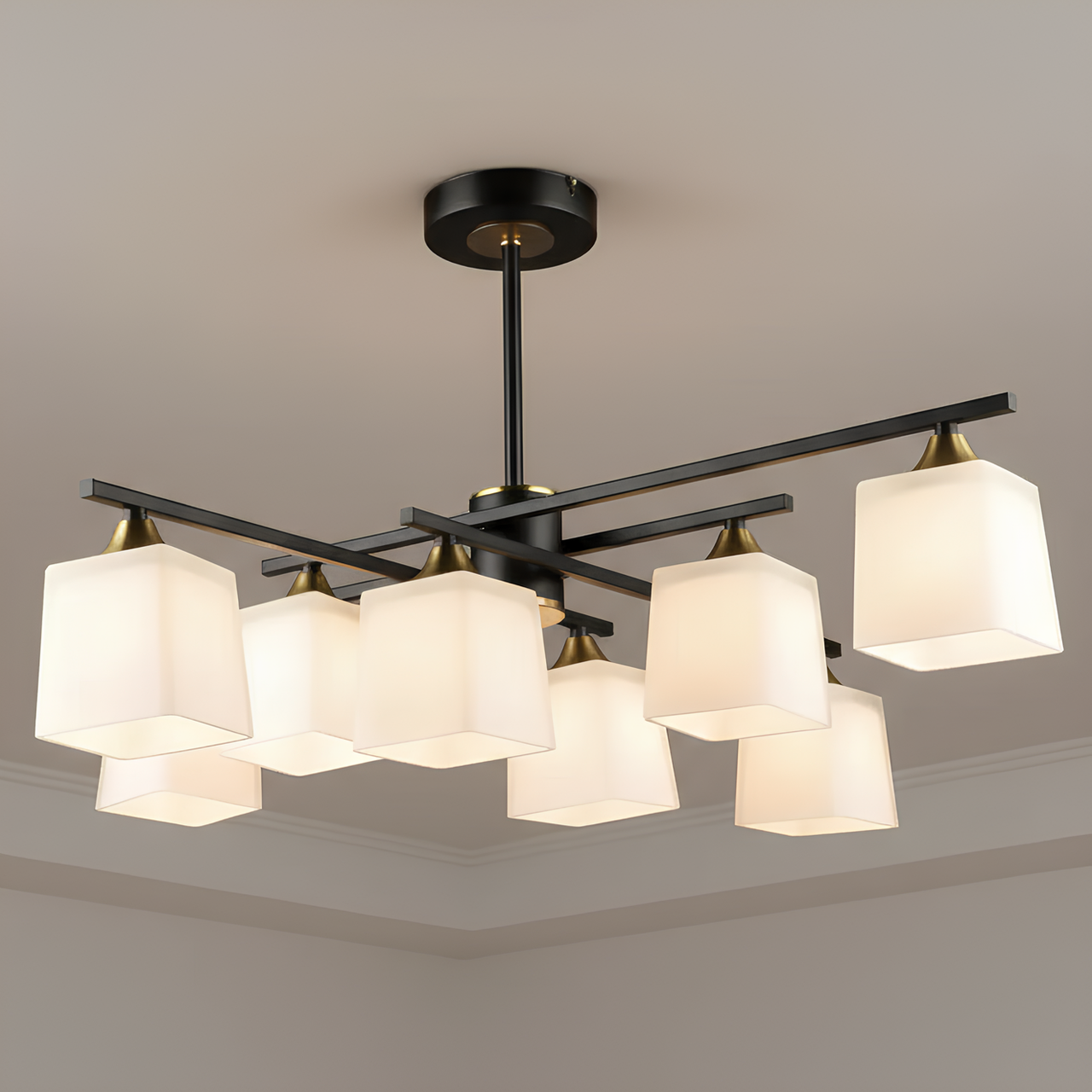 Люстра Valeso на восемь квадратных плафонов под лампы Е27 Черный/Медный (B N6668/8 BK+COP)