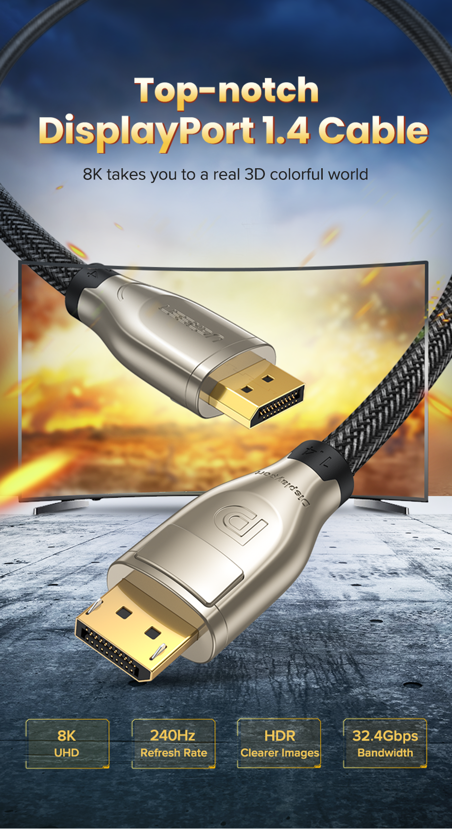 Кабель UGREEN DisplayPort 1.4 8K 60Hz 4K 144Hz 2K 165Hz 1080p 240Hz 32.4 Гбіт/с DP Dynamic HDR G-Sync Free Sync 3D 1 м Чорний (60842) - фото 14 Кабель UGREEN DisplayPort 1.4 8K 60Hz 4K 144Hz 2K 165Hz 1080p 240Hz 32.4 Гбіт/с DP Dynamic HDR G-Sync Free Sync 3D 1 м Чорний (60842) - фото 14