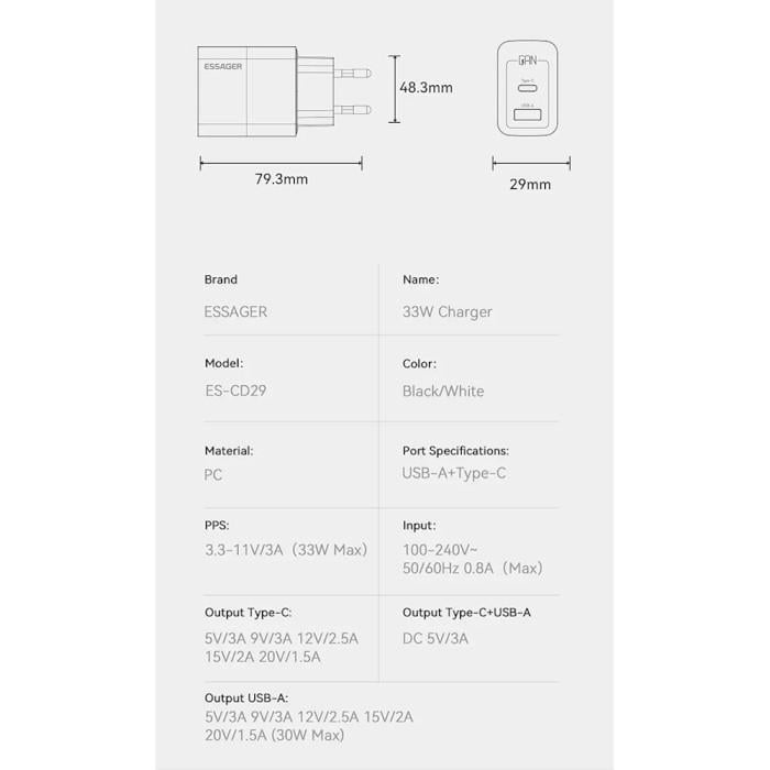 Зарядное устройство Essager Pinchen 33W Travel Phone Charger USB A TYPE C EU Black (ECTAC-PCB01-P) - фото 8 Зарядное устройство Essager Pinchen 33W Travel Phone Charger USB A TYPE C EU Black (ECTAC-PCB01-P) - фото 8
