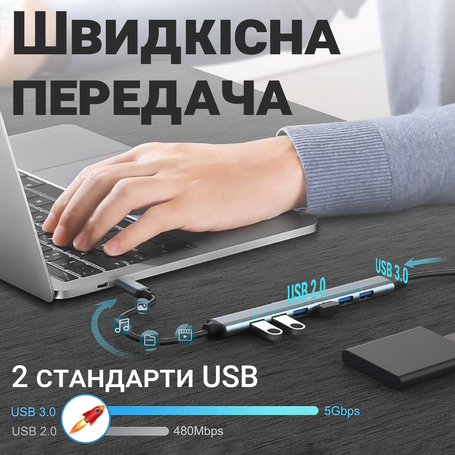 Концентратор/розгалужувач USB Type-C Addap UH-04С для ноутбука на 7 портів USB Gray - фото 8 Концентратор/розгалужувач USB Type-C Addap UH-04С для ноутбука на 7 портів USB Gray - фото 8