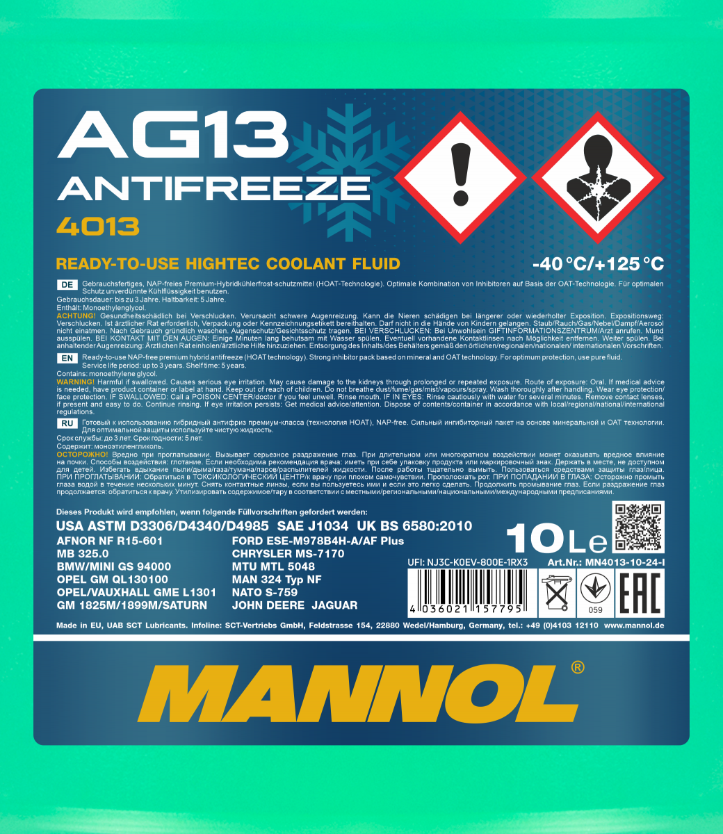 Антифриз Mannol 4013 Longterm Antifreeze AG13 -40°C готовий розчин 10 л Зелений (MN4013-10) - фото 2 Антифриз Mannol 4013 Longterm Antifreeze AG13 -40°C готовий розчин 10 л Зелений (MN4013-10) - фото 2