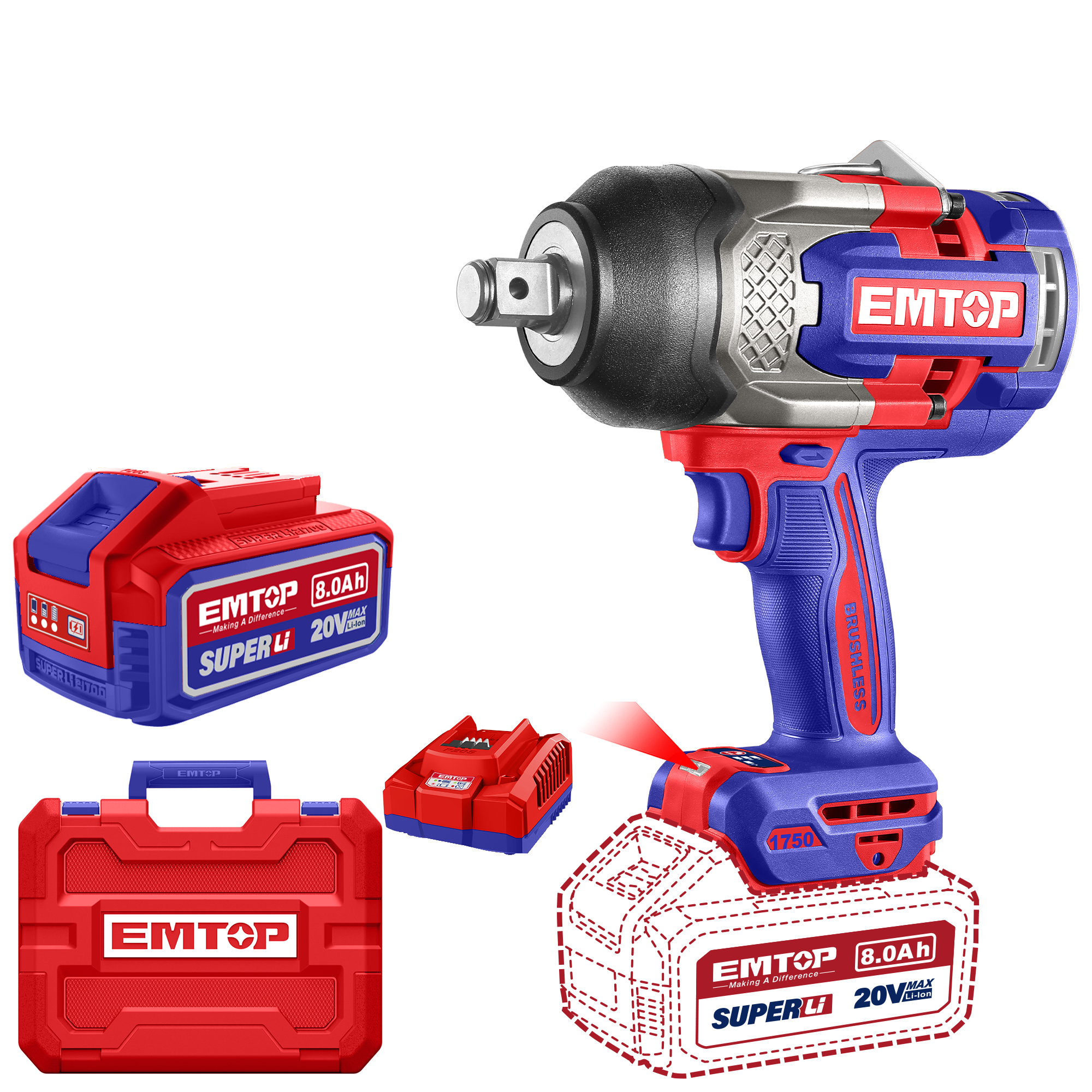 Гайковерт акумуляторний ударний EMTOP ECIWL20175