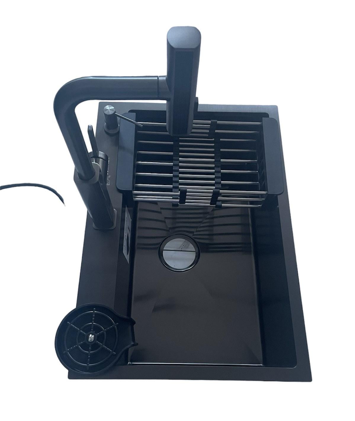 Мойка Luminex 6545 и кран с выдвижным изливом Kroner PVD03918/ополаскиватель для стаканов Черный