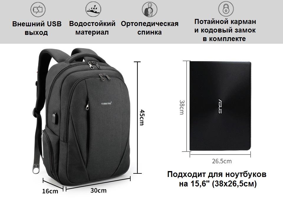 Рюкзак для ноутбука Tigernu T-B3399 15.6" USB - фото 6