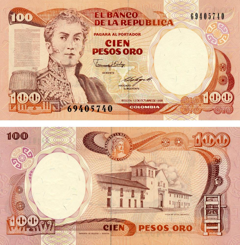 Коллекционная банкнота Колумбия 100 песо оро 1988 UNC P426c (Б05527)