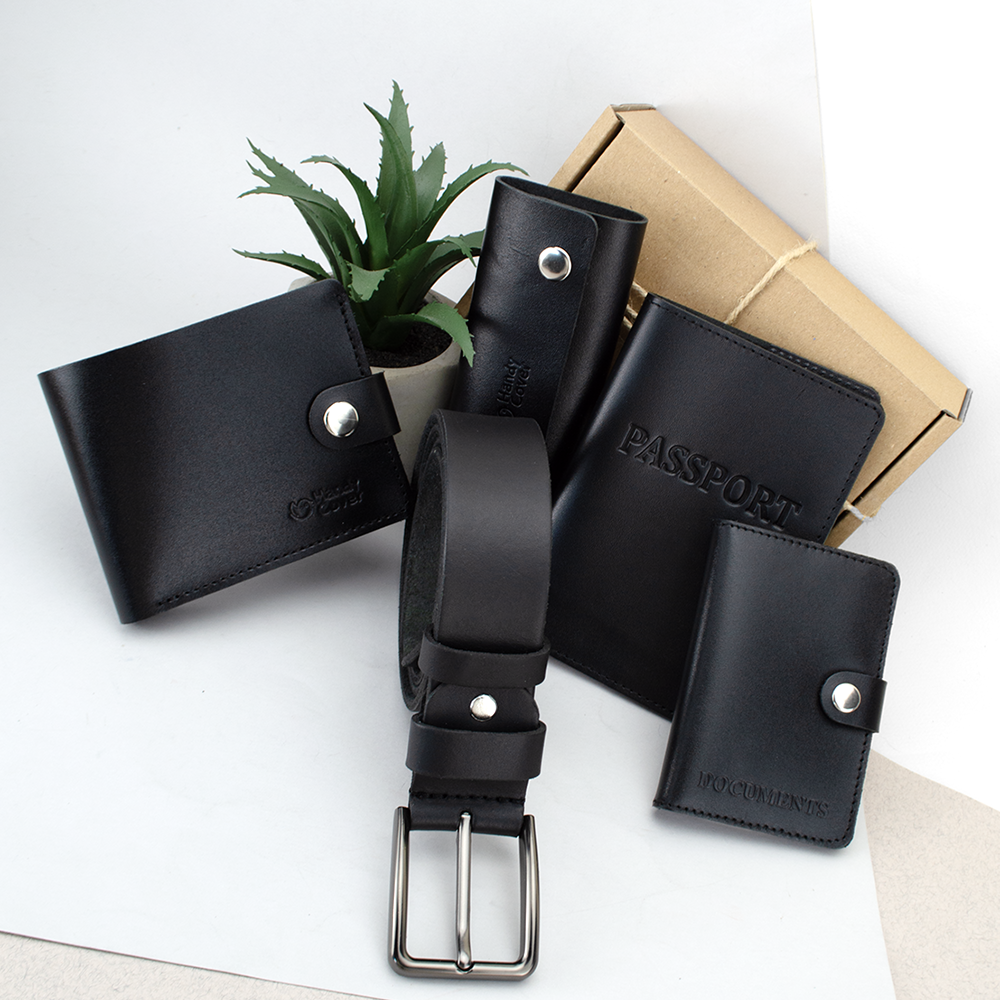 Подарочный набор мужской №24 ремень/портмоне/ключница/обложка на паспорт/на документы Черный (874452223) - фото 2