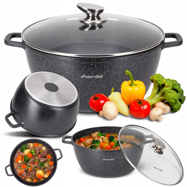 Кастрюля со стеклянной крышкой и антипригарным покрытием Kamille КМ-4480 из литого алюминия 8 л Черный мрамор (150-84-4480) - фото 2 Кастрюля со стеклянной крышкой и антипригарным покрытием Kamille КМ-4480 из литого алюминия 8 л Черный мрамор (150-84-4480) - фото 2
