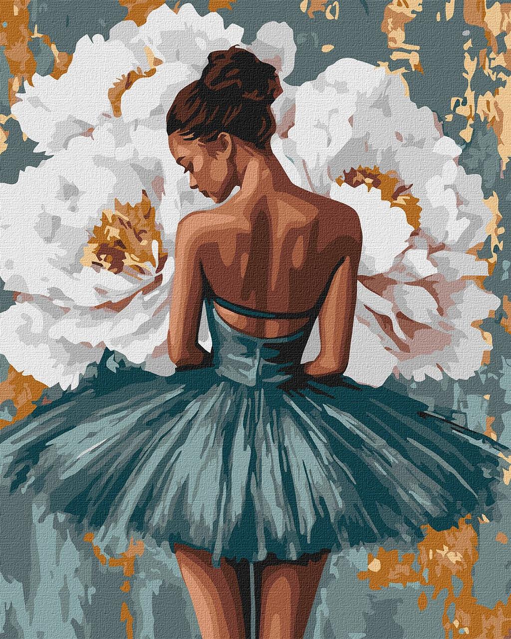 Картина по номерам Ideyka Балерина с белыми пионами с красками металлик 40х50 см (2824290342)