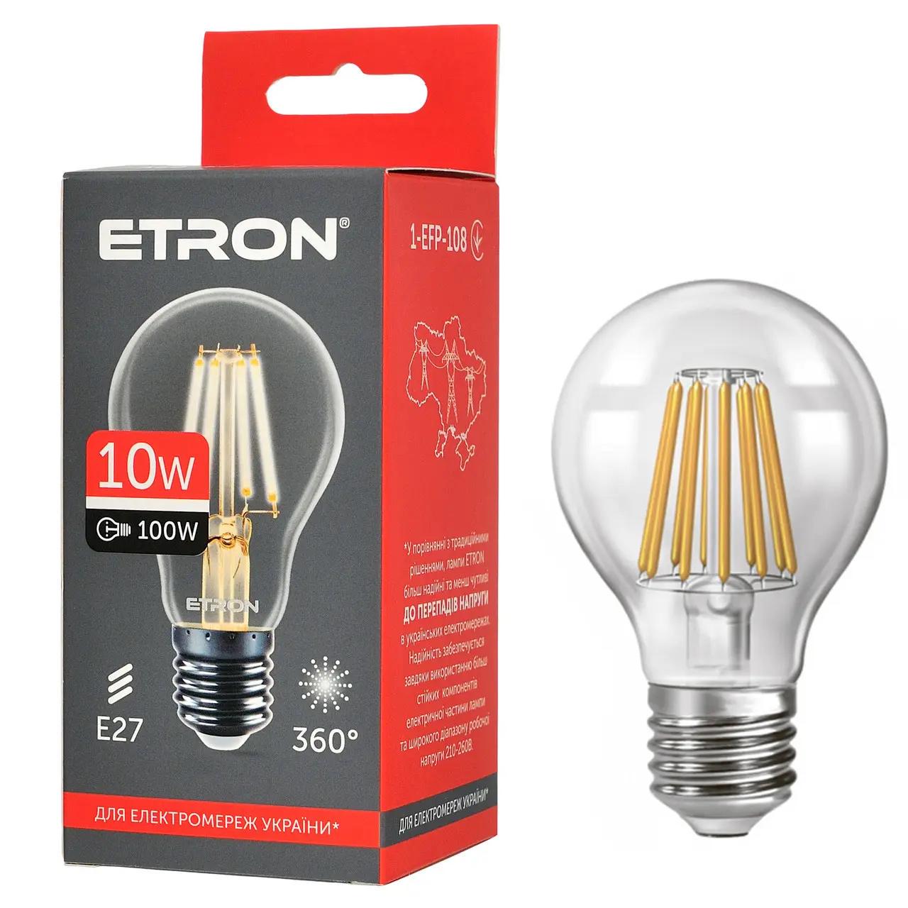 LED-лампа філаментна ETRON прозора 10W A60 E27 4200K Нейтральний білий (1-EFP-108)