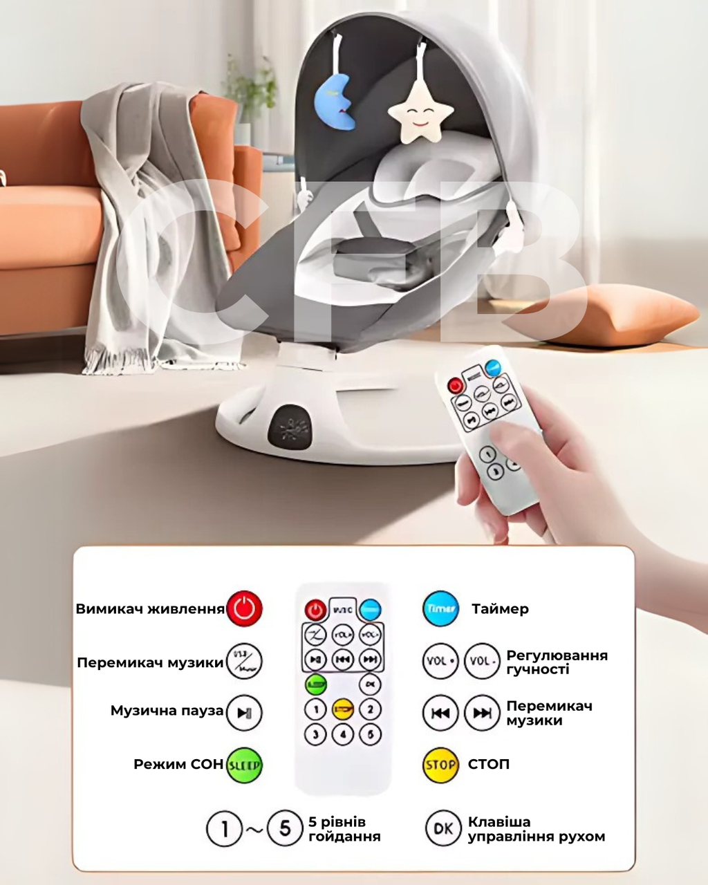 Дитячий шезлонг 2в1 зі стільницею від народження з пультом керування Сіро-білий (2535173322) - фото 7