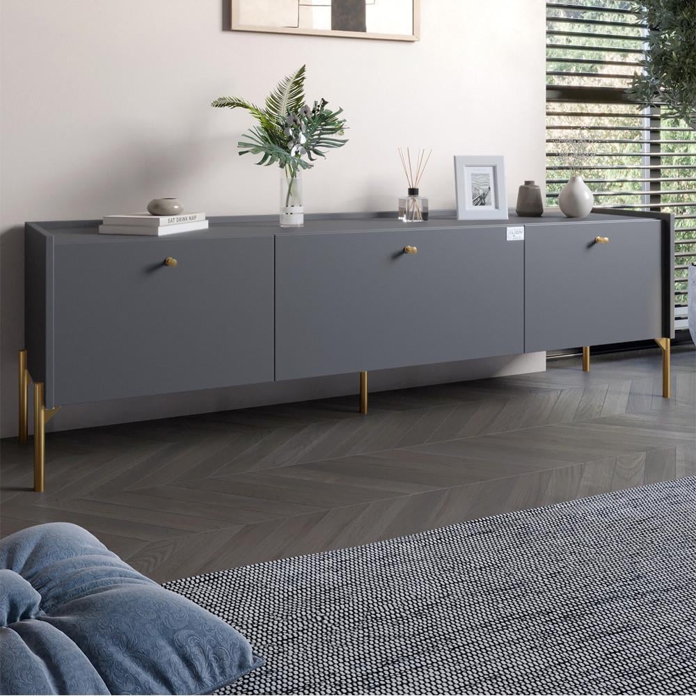 Тумба під телевізор на 3 шухляди Lion Wood з золотими ніжками 160х65х40 см Антрацит (Lion-042987)