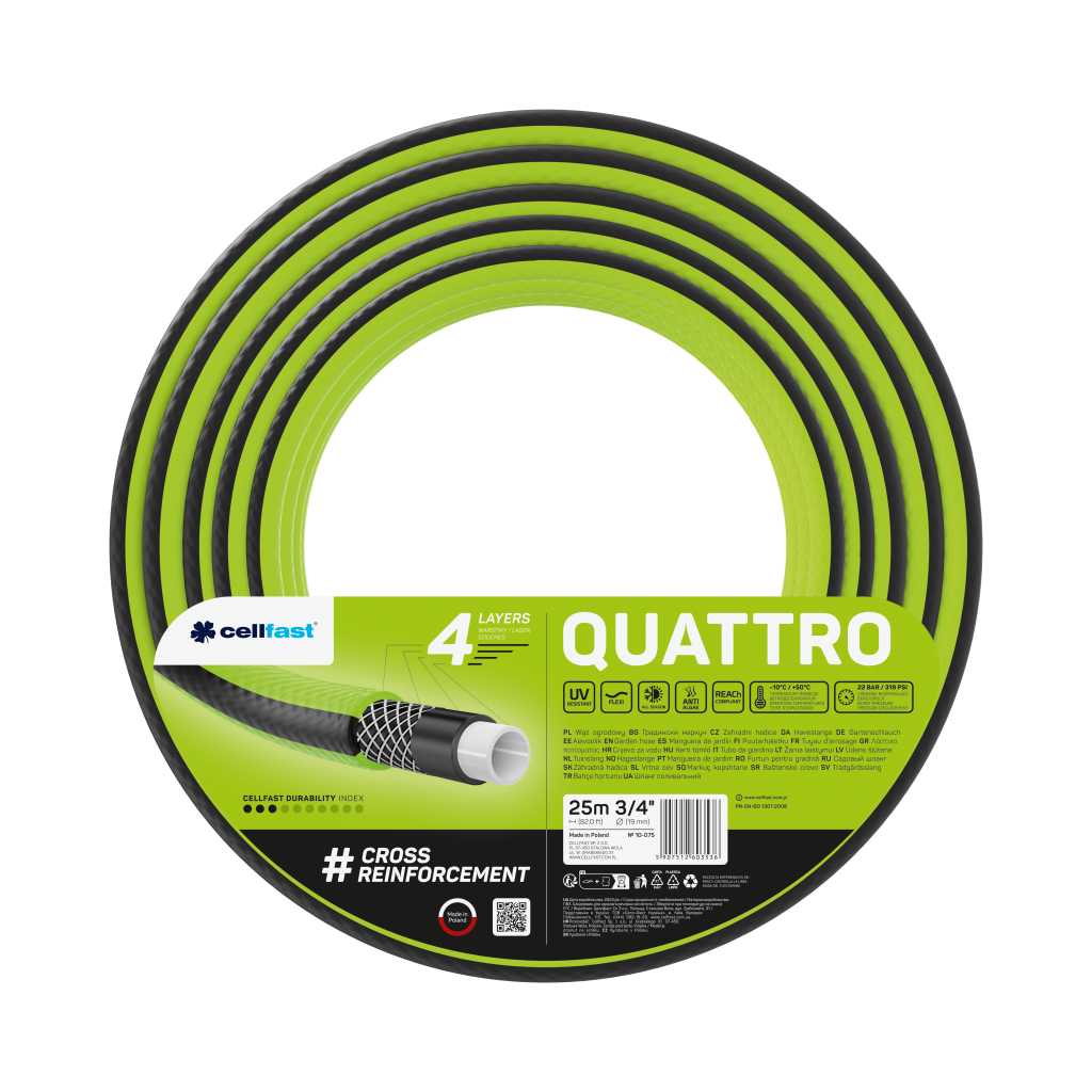 Поливочный шланг Cellfast QUATTRO TSV 3/4" 25 м прочный/износостойкий/легкий и гибкий для ежедневного полива