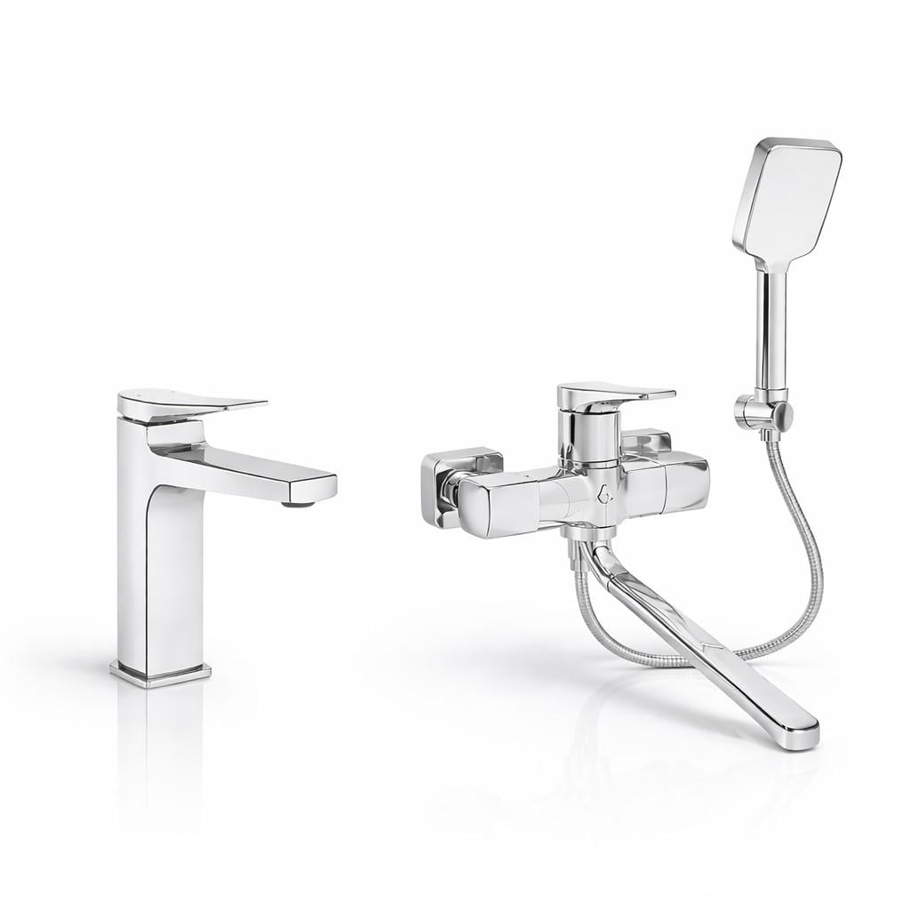 Комплект для ванной Qtap Nando Chrome смеситель для ванны с длинным поворотным изливом и душевым гарнитуром и смеситель для раковины латунь