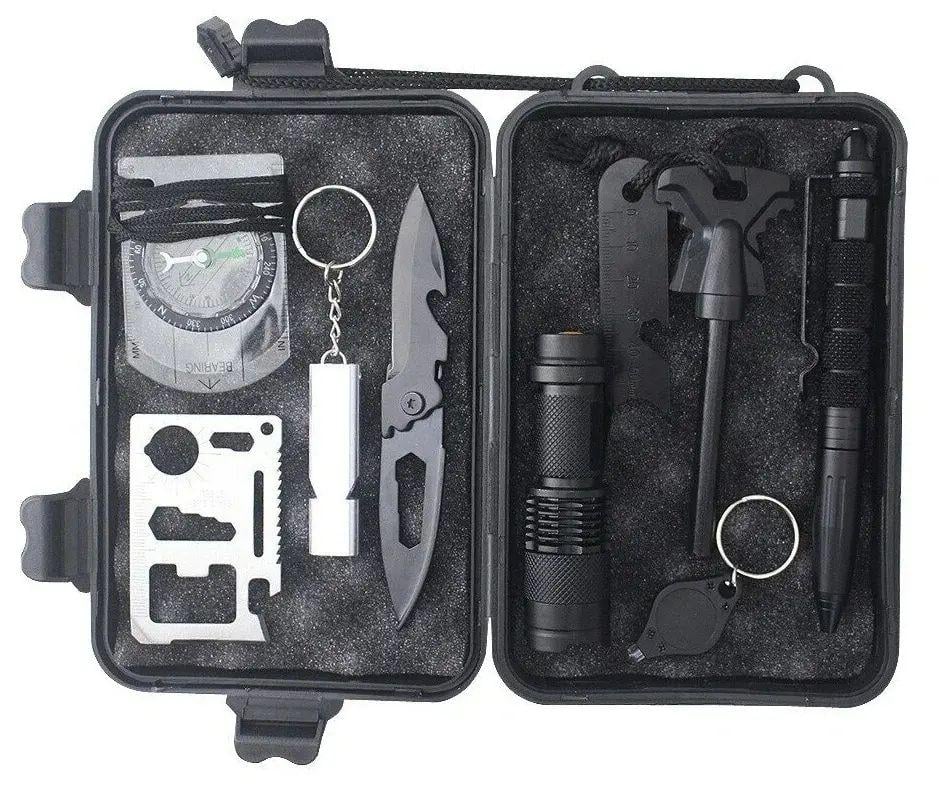 Туристический набор инструментов для выживания в кейсе нож/свисток/кресало/фонарик и водонепроницаемый компас 8 пр. (opt-13588) Туристический набор инструментов для выживания в кейсе нож/свисток/кресало/фонарик и водонепроницаемый компас 8 пр. (opt-13588)