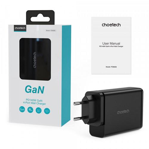 Сетевое зарядное устройство Choetech 4xUSB 140W GaN 2хUSB-C/2хUSB-A Черный (PD6005-EU-BK) - фото 4