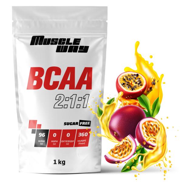 Комплекс амінокислот для росту м'язів і сушіння MuscleWay ВСАА 2:1:1 Sugar Free Маракуйя в порошку на 100 порцій 1 кг (21-125-bcaa-mw-rs1.m) - фото 1
