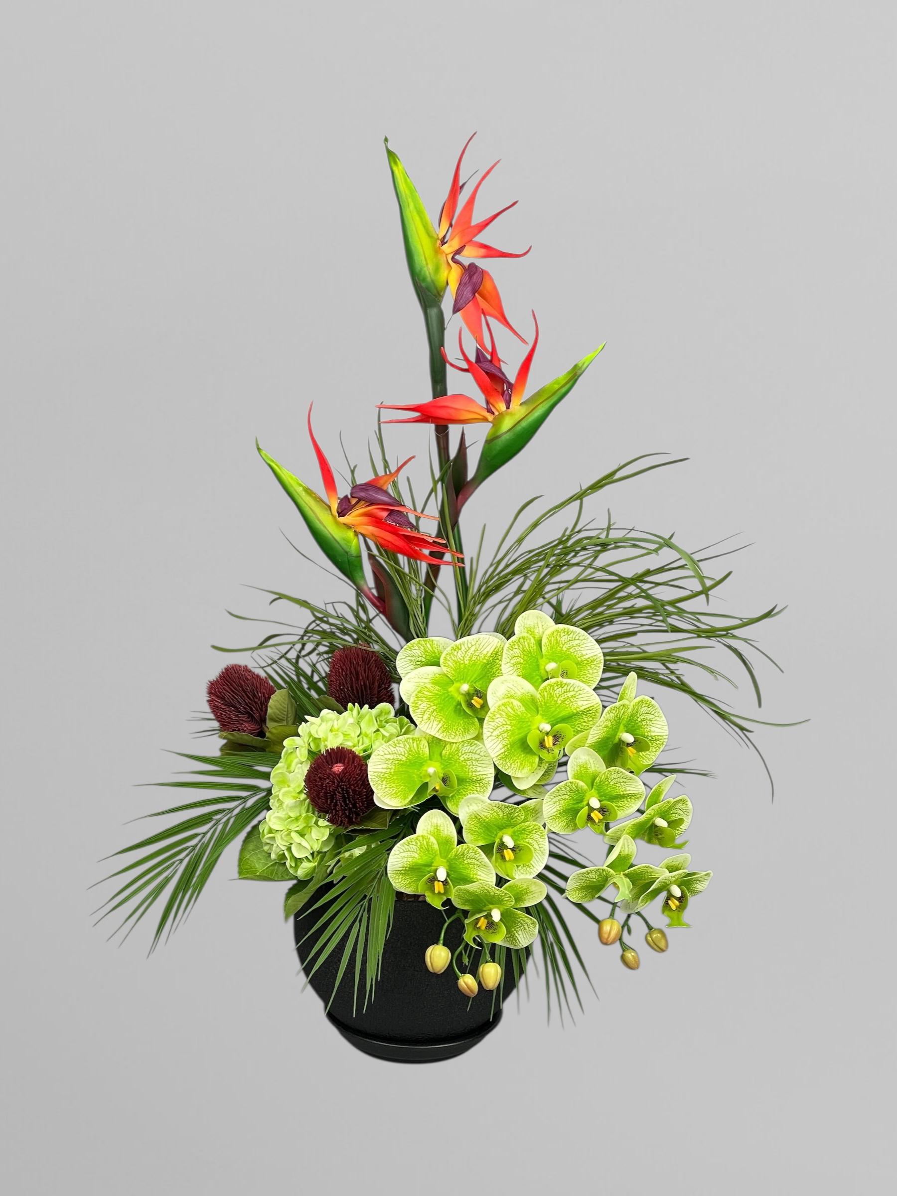 Композиция Экзотическая с орхидеей и стрелицией в керамическом кашпо 83 см (А317)