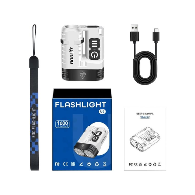 Ліхтар акумуляторний Boruit U6 SST20 EDC 20W 1600lm Type-C 18350 на 1100 mAh IP68 Білий (BORUIT-U6SST20) - фото 5 Ліхтар акумуляторний Boruit U6 SST20 EDC 20W 1600lm Type-C 18350 на 1100 mAh IP68 Білий (BORUIT-U6SST20) - фото 5