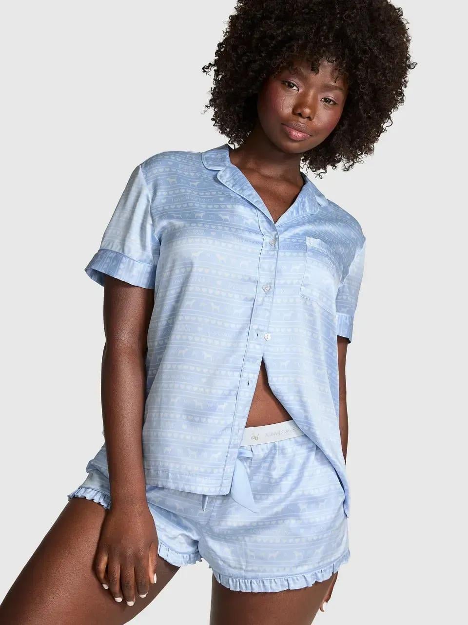 Пижама сатиновая Victoria's Secret PINK LoveShackFancy Satin Short Pajama Set S Голубой (27178635D)