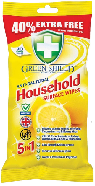 Серветки побутові з ароматом лимону Green Shield Anti-Bacterial Household Surface 70 шт.