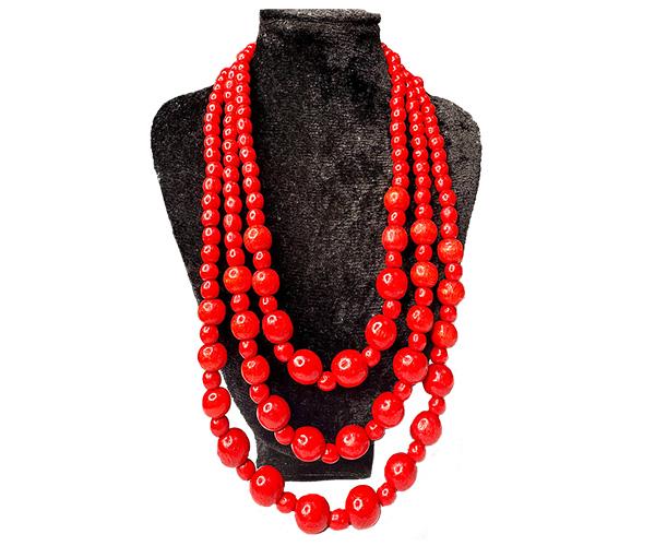 Ожерелье тройное нарастающее с красным мелким