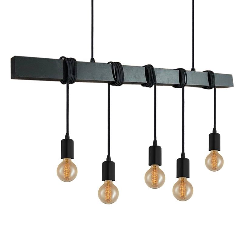 Люстра в скандинавському стилі SkandyWood 1.0-5 з дерев'яною балкою на 5 ламп Чорний